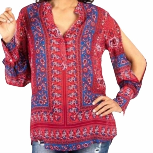 Kut from the Kloth Tops - KUT Red and Blue V-Neck Long Benica Slit Sleeve Blouse